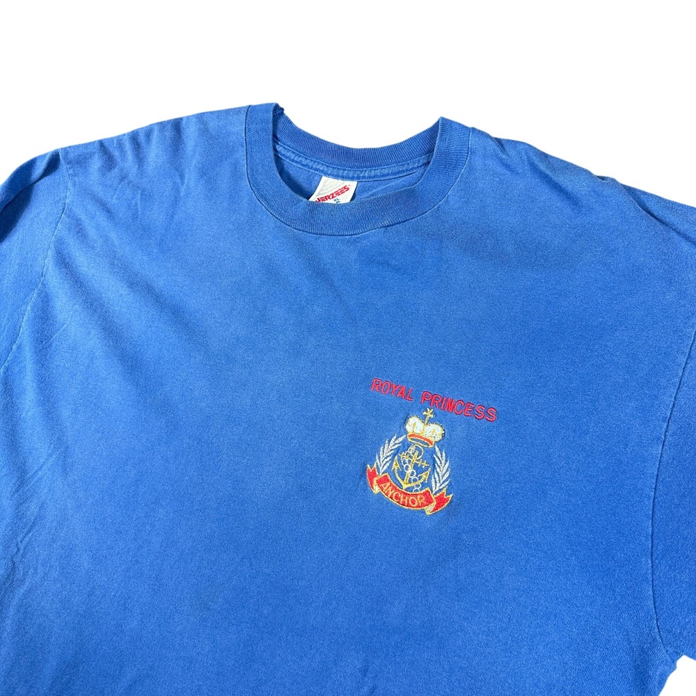 Vintage 90s Jerzees Royal Princess Cruise Embroidered Crest T-Shirt XL Blue USA